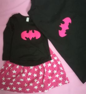 Kids Costumes to Hire - Batgirl - Pink Star skirt, black cape & top with logo's 